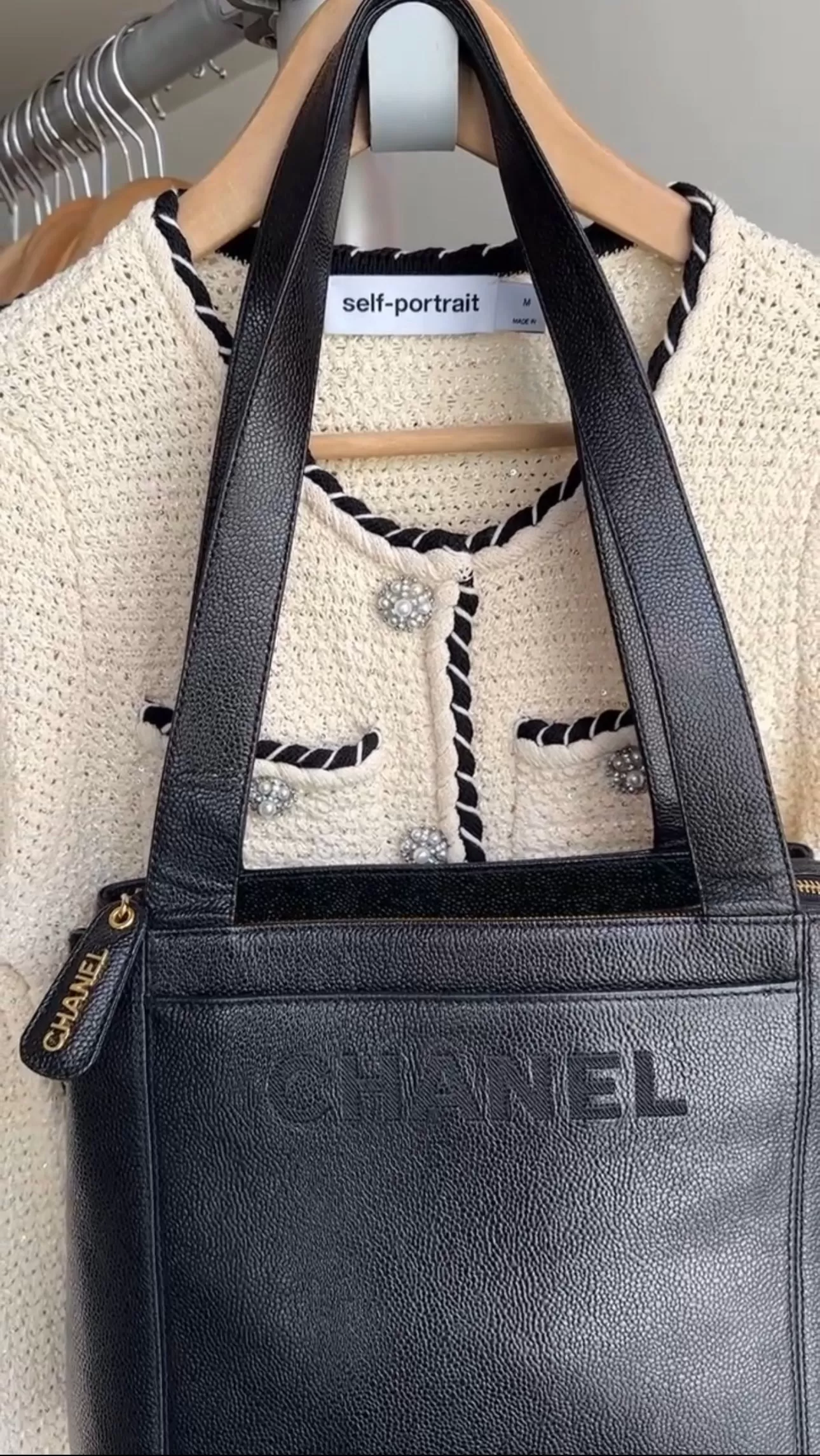 Chanel Vintage 1996-7 Black Caviar Leather Embroidered Logo Small Tote Bag