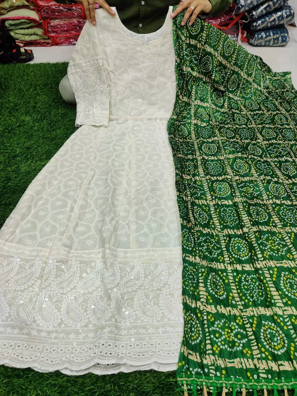 Cream chikankari Cotton Kurti with Dupatta