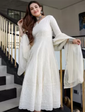 Cream chikankari Cotton Kurti with Dupatta