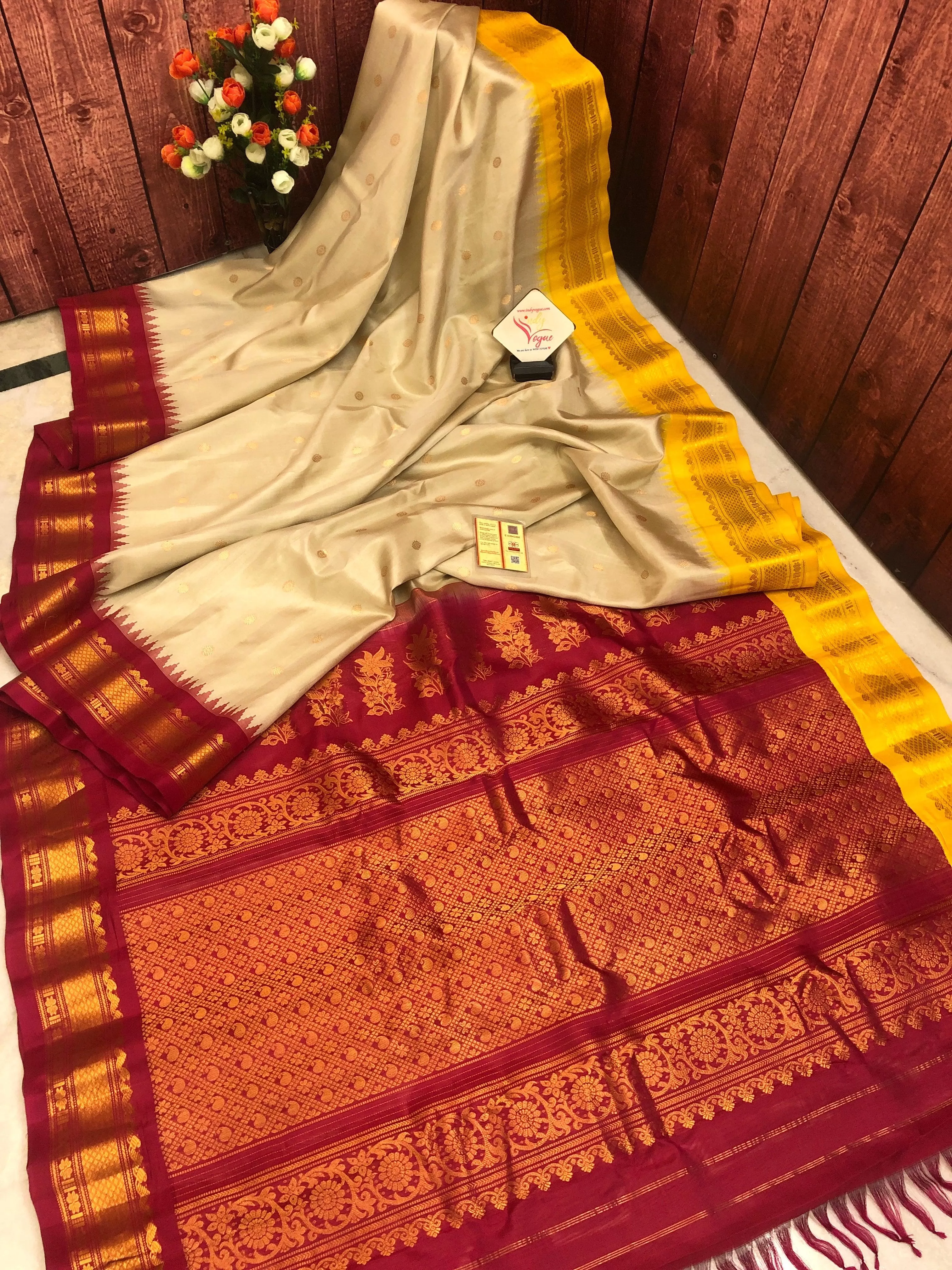 Cream Color Pure Gadwal Silk Saree with Ganga Jamuna Border