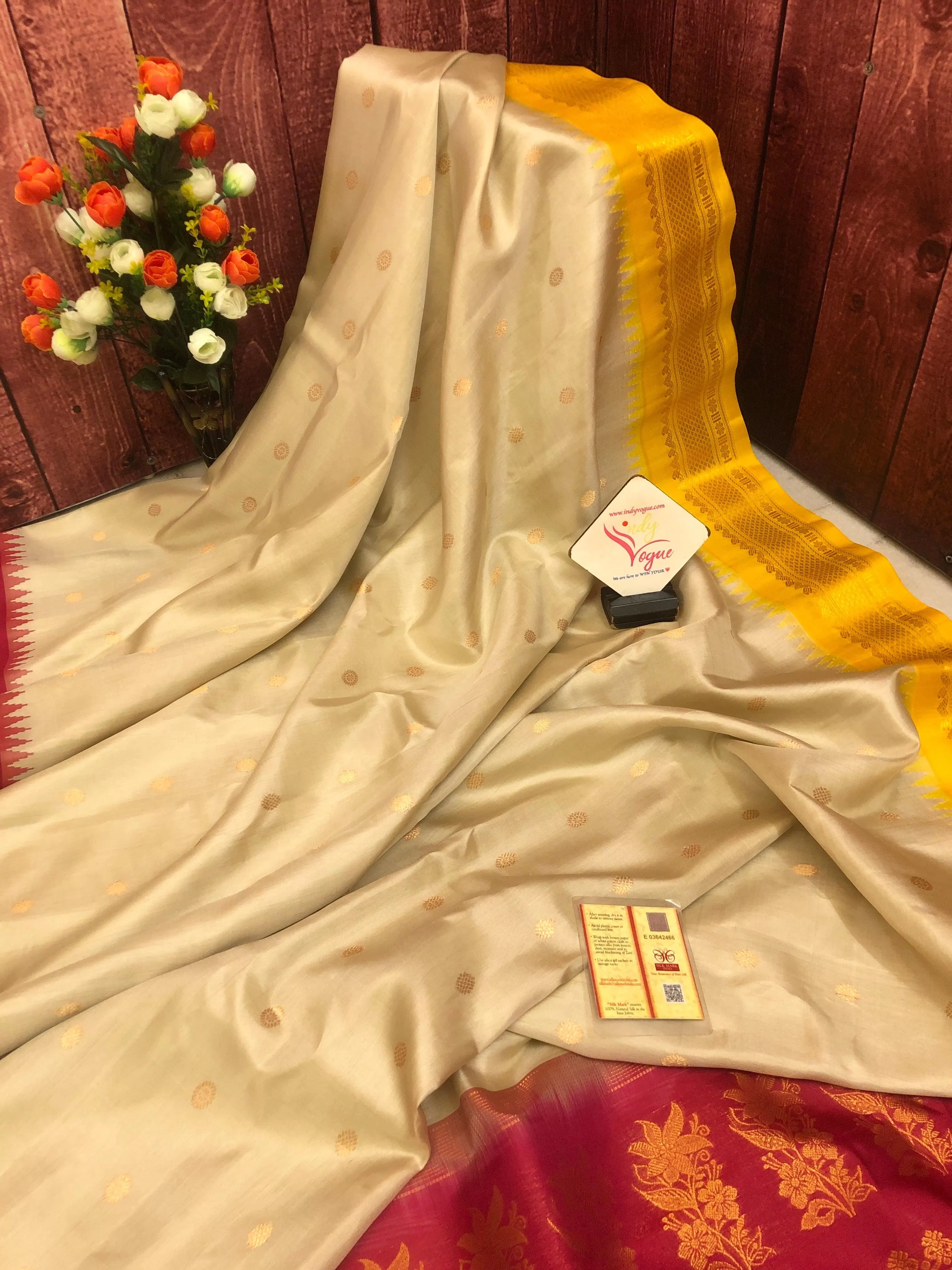 Cream Color Pure Gadwal Silk Saree with Ganga Jamuna Border