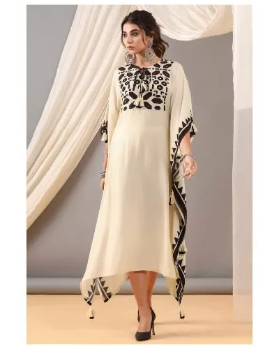 Cream Colour Mirror & Hand Work Kaftan 1pc