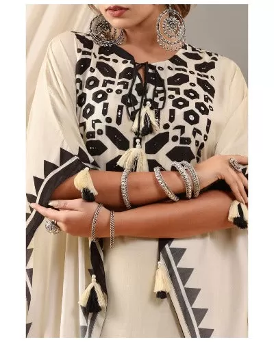 Cream Colour Mirror & Hand Work Kaftan 1pc