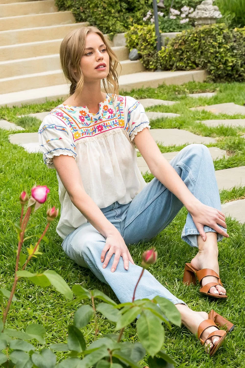 Cream Multi Embroidered Top