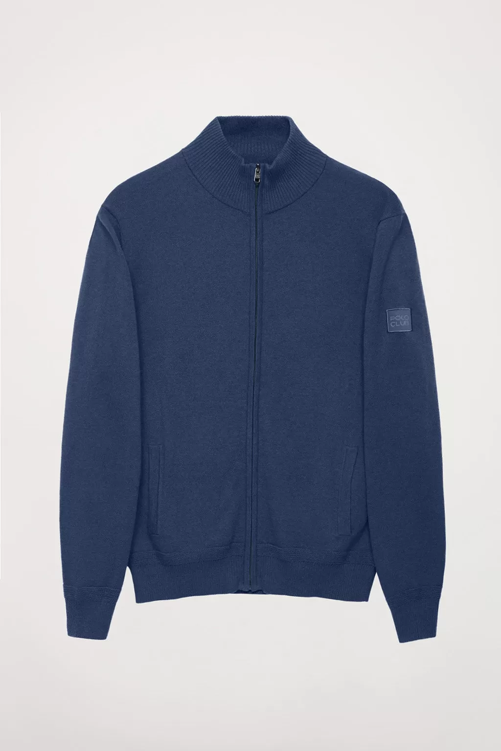 Cárdigan de cashmere azul denim con cremallera y logo en la manga