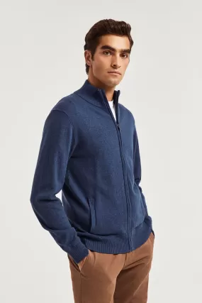 Cárdigan de cashmere azul denim con cremallera y logo en la manga