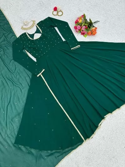 Dark Green Georgette Anarkali Kurti Dupatta Set