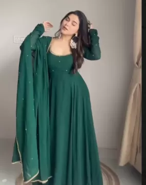 Dark Green Georgette Anarkali Kurti Dupatta Set