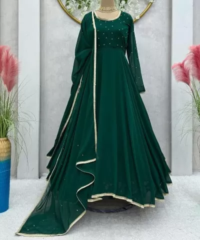 Dark Green Georgette Anarkali Kurti Dupatta Set