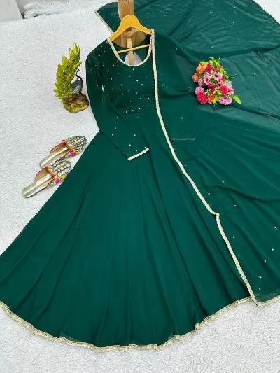 Dark Green Georgette Anarkali Kurti Dupatta Set