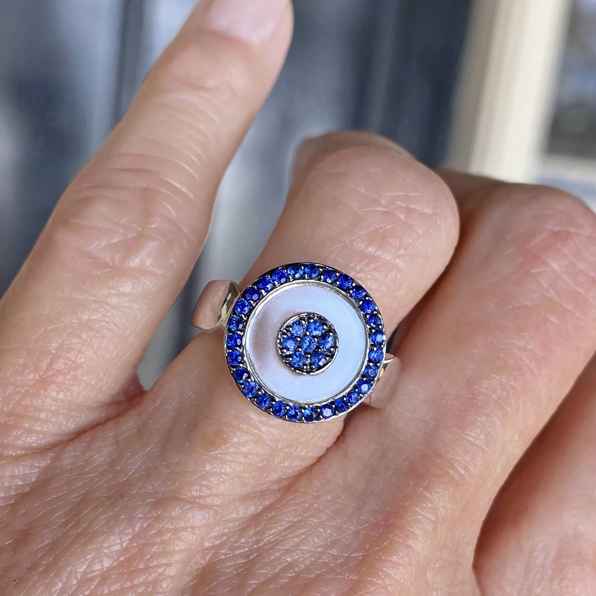 Elegant Crystal Sapphire Target Ring 14K White Gold