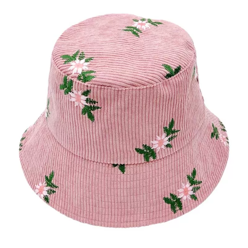 Embroidered Floral Corduroy Bucket Hat