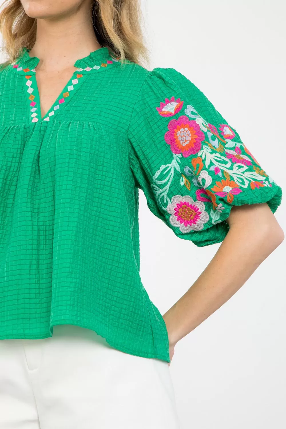 Emelia Green Puff Sleeve Sheer Embroidered THML Top