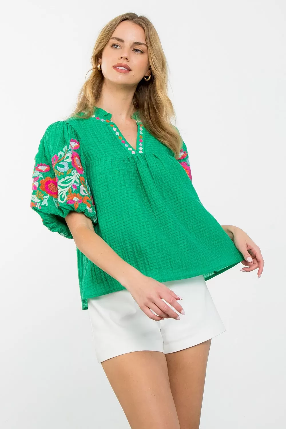 Emelia Green Puff Sleeve Sheer Embroidered THML Top