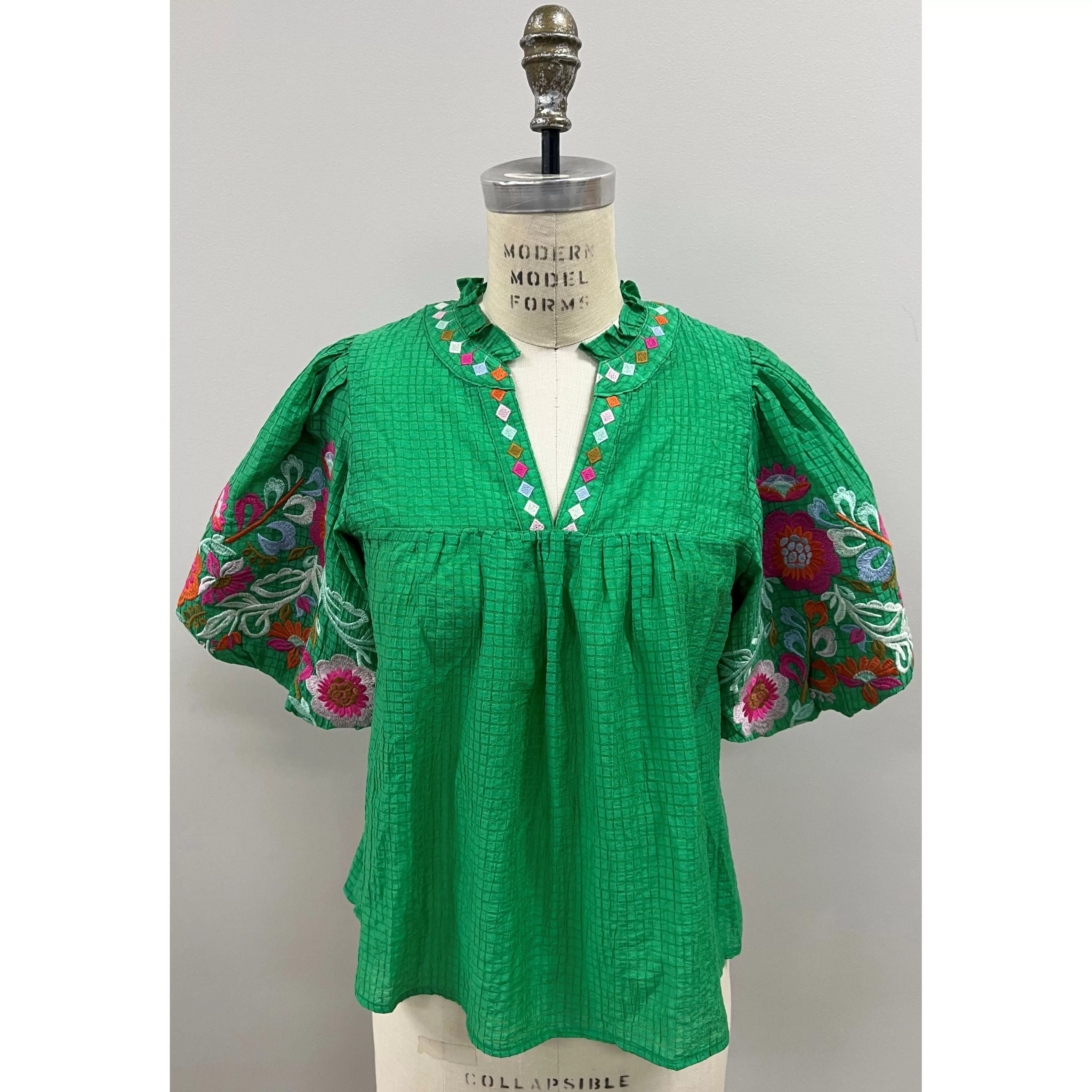 Emelia Green Puff Sleeve Sheer Embroidered THML Top