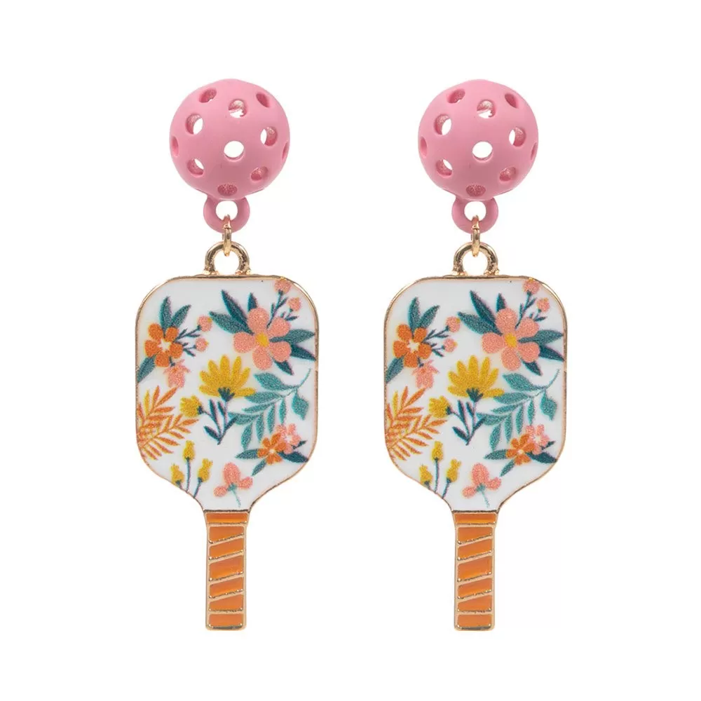 Enamel Flower Pickle Ball Paddle Dangle Earrings