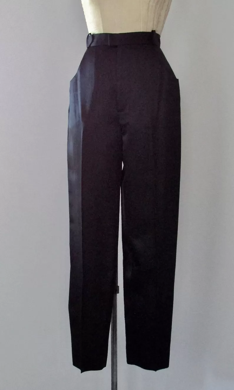 FANCY PANTS 1990s Yves Saint Laurent Rive Gauche Black Silk Satin Slim Cigarette Slacks, Size Medium