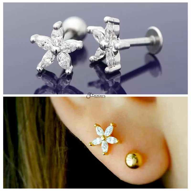 Five Petal CZ Flower Cartilage Tragus Piercing Earring - Silver