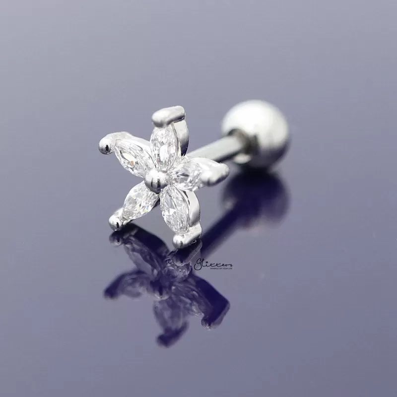 Five Petal CZ Flower Cartilage Tragus Piercing Earring - Silver