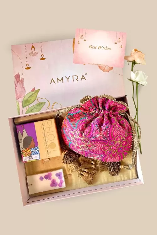 Gift hamper - Amna embroidered pink potli - Aroma & Scented box