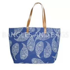 Global Paisley Leaf Jute Beach Tote - Blue