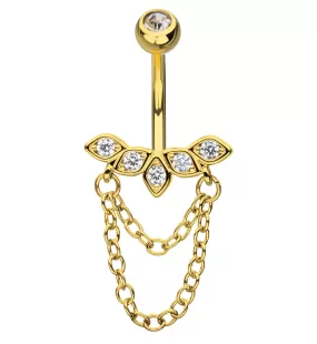 Gold PVD Petal Arch Clear CZ Double Dangle Chain Stainless Steel Belly Button Ring