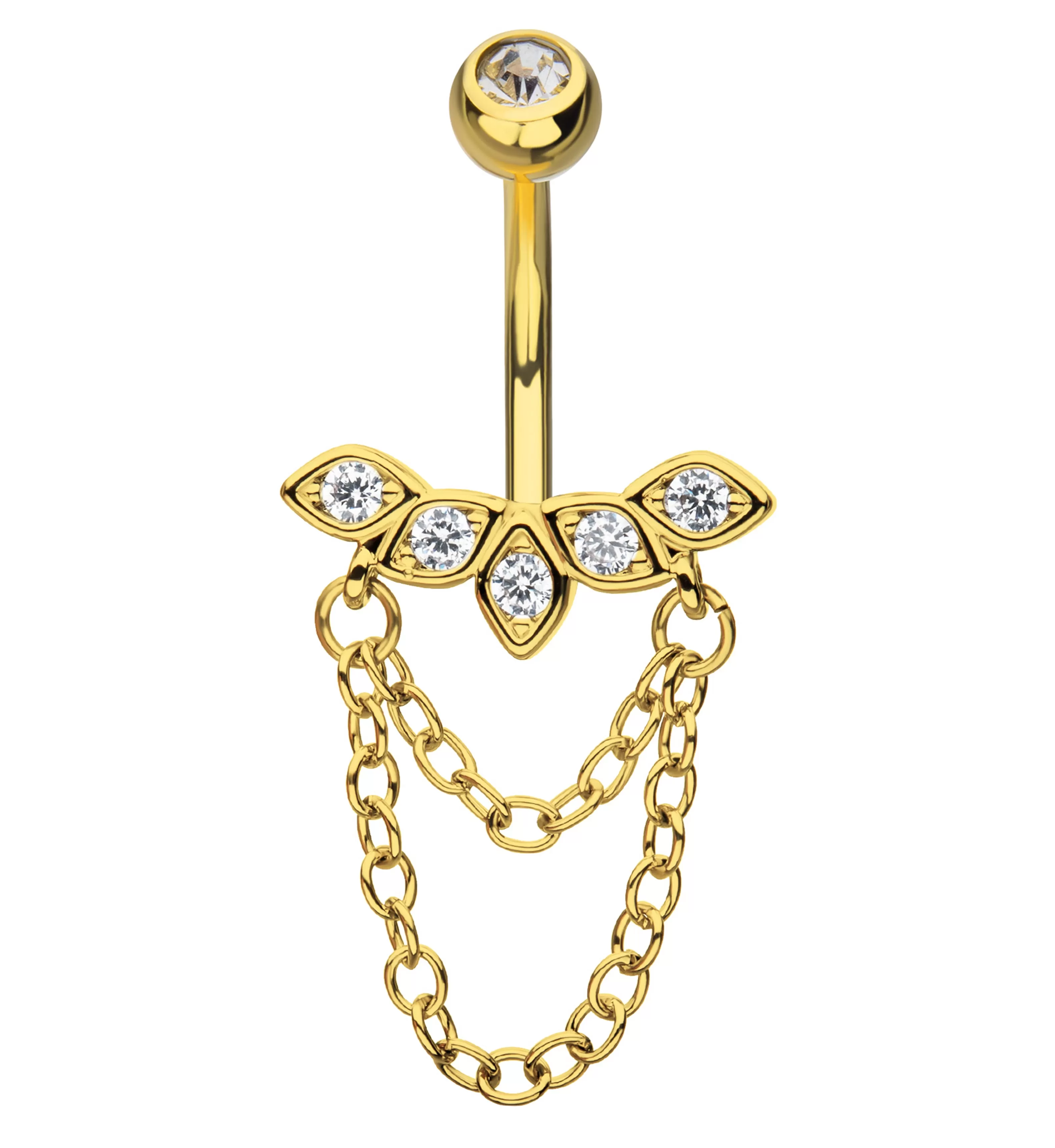 Gold PVD Petal Arch Clear CZ Double Dangle Chain Stainless Steel Belly Button Ring