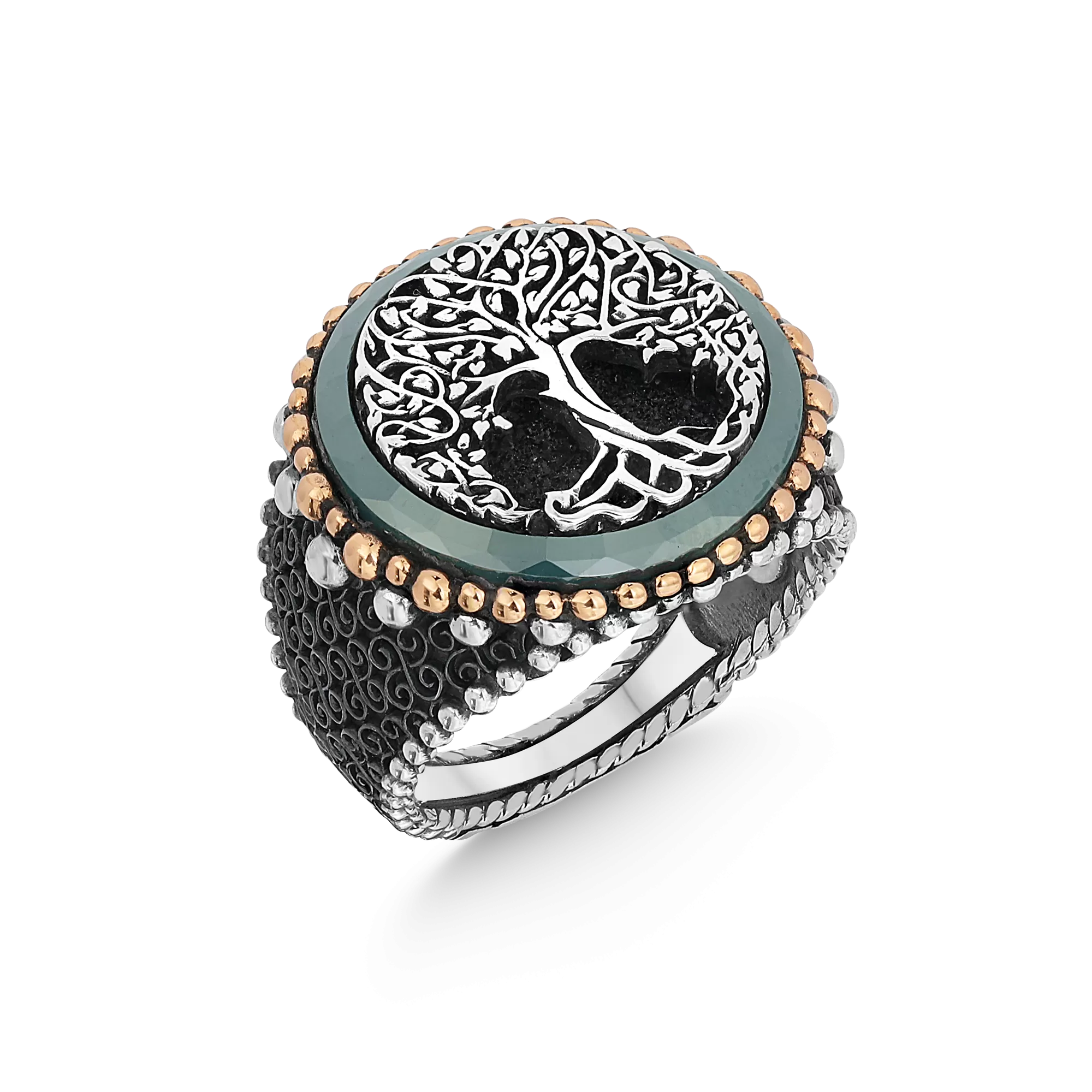 Green Agate Rim Around Tree Symbol Circle Silver Men’s Ring Siding Black Pattern