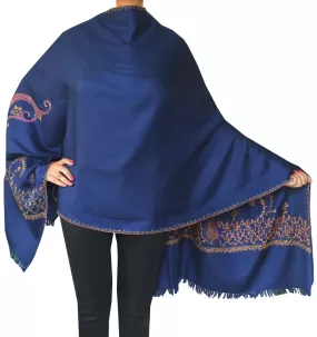 Indian Wool Scarf Hand Embroidered Womens Gift (Blue)