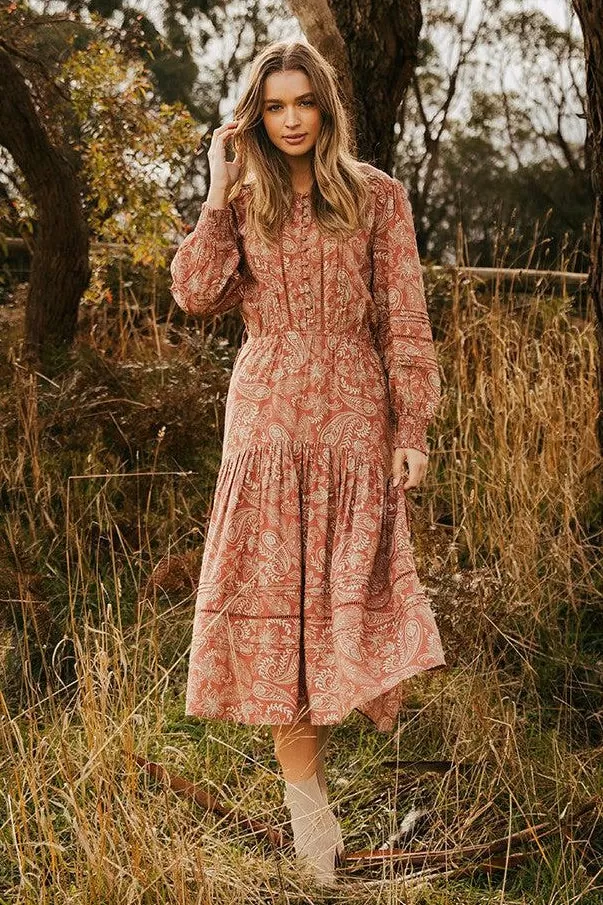 Juliette Rust Paisley LS Midi Dress