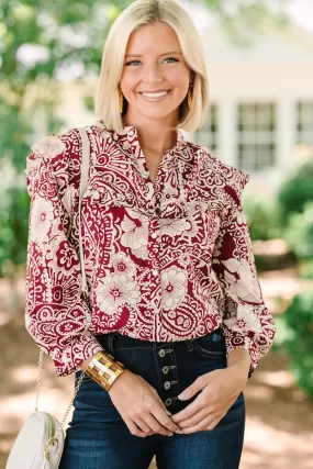 Keep It Up Sangria Red Floral Ruffled Blouse