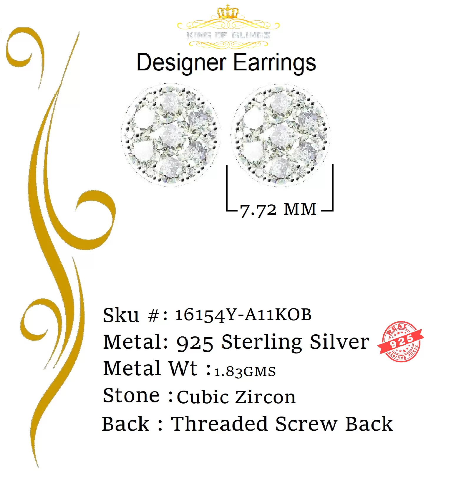 King of Bling's 1.72ct Cubic Zirconia 925 Yellow Silver Women's & Men's Hip Hop Round Earrings