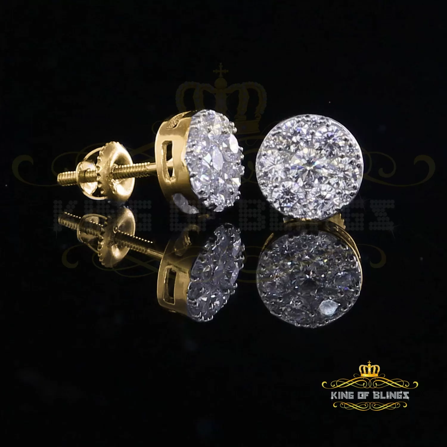 King of Bling's 1.72ct Cubic Zirconia 925 Yellow Silver Women's & Men's Hip Hop Round Earrings