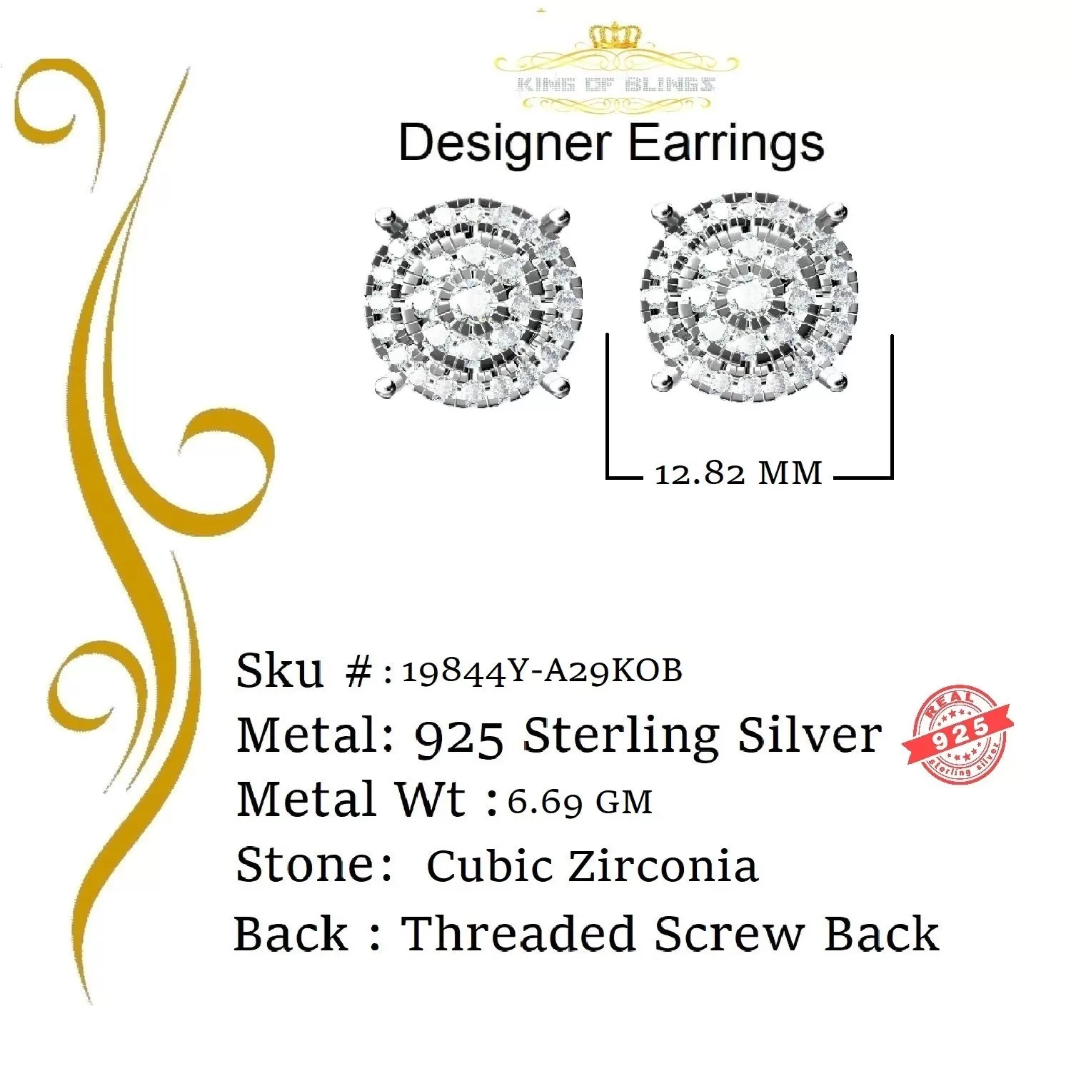 King of Bling's Aretes Para Hombre 925 Yellow Silver 2.82ct Cubic Zirconia Round Women's Earring