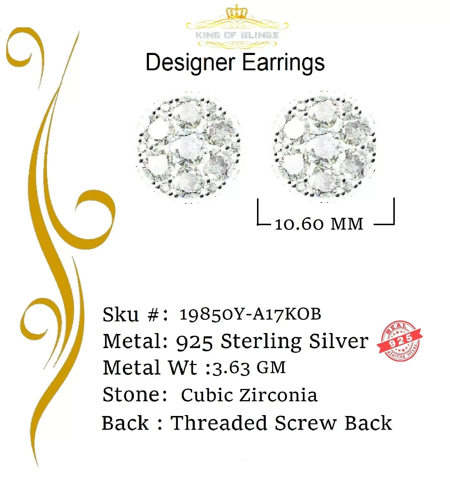 King of Bling's Yellow 4.83ct Sterling 925 Silver Cubic Zirconia Ladies & Gent's Round Earrings