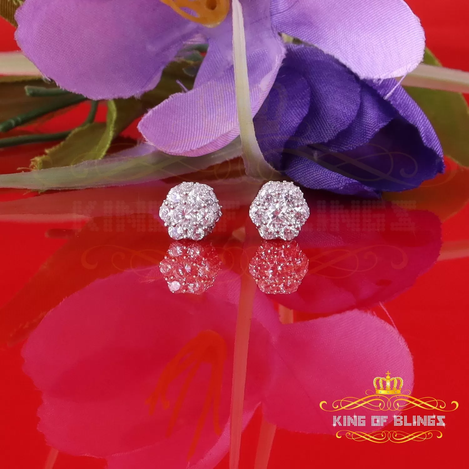 King of Blings- 1.50ct Cubic Zirconia 925 White Silver Sterling Hip Hop Floral Women's Earrings