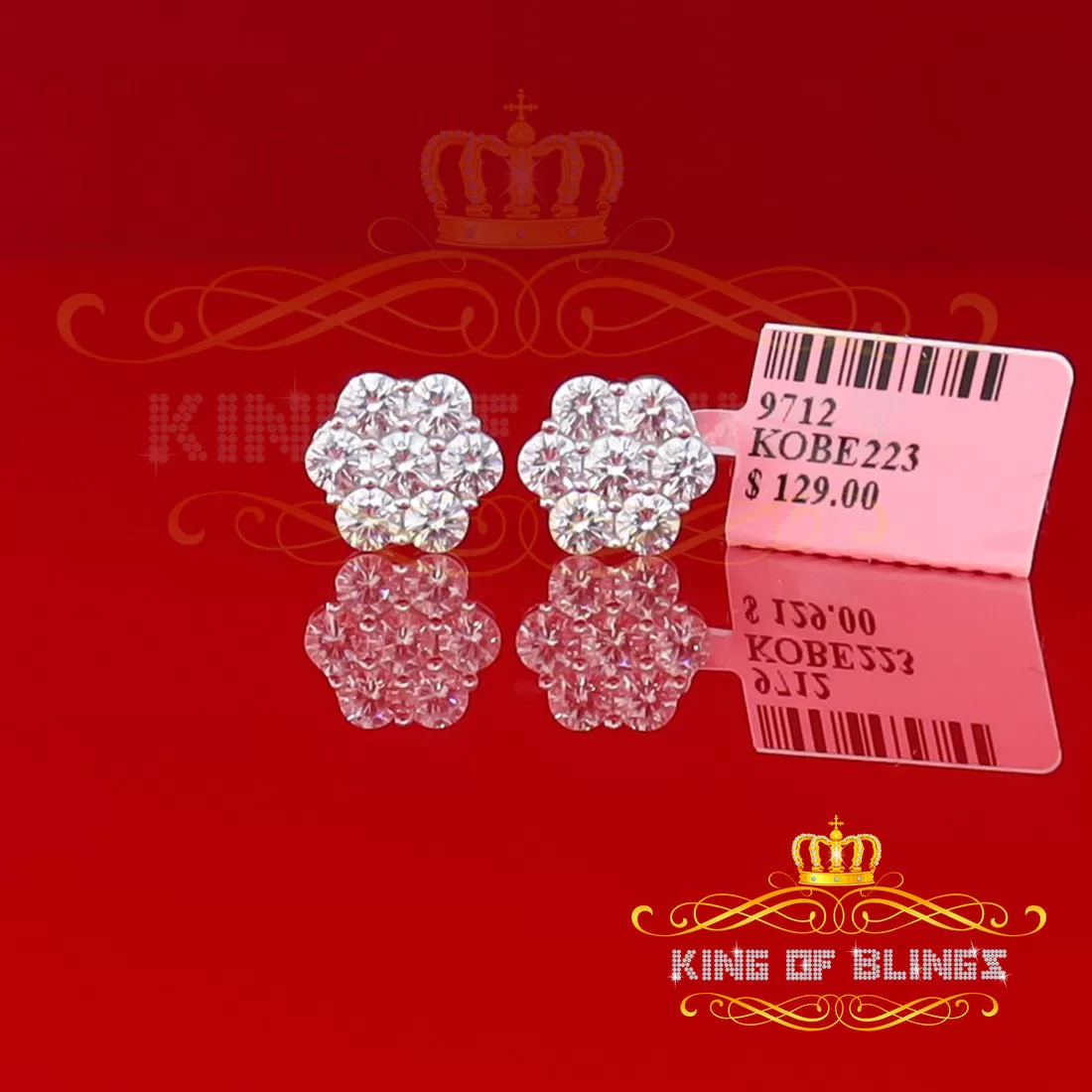 King of Blings- Cubic Zirconia 925 White 4.34ct Sterling Silver Women's Hip Hop Floral Earrings