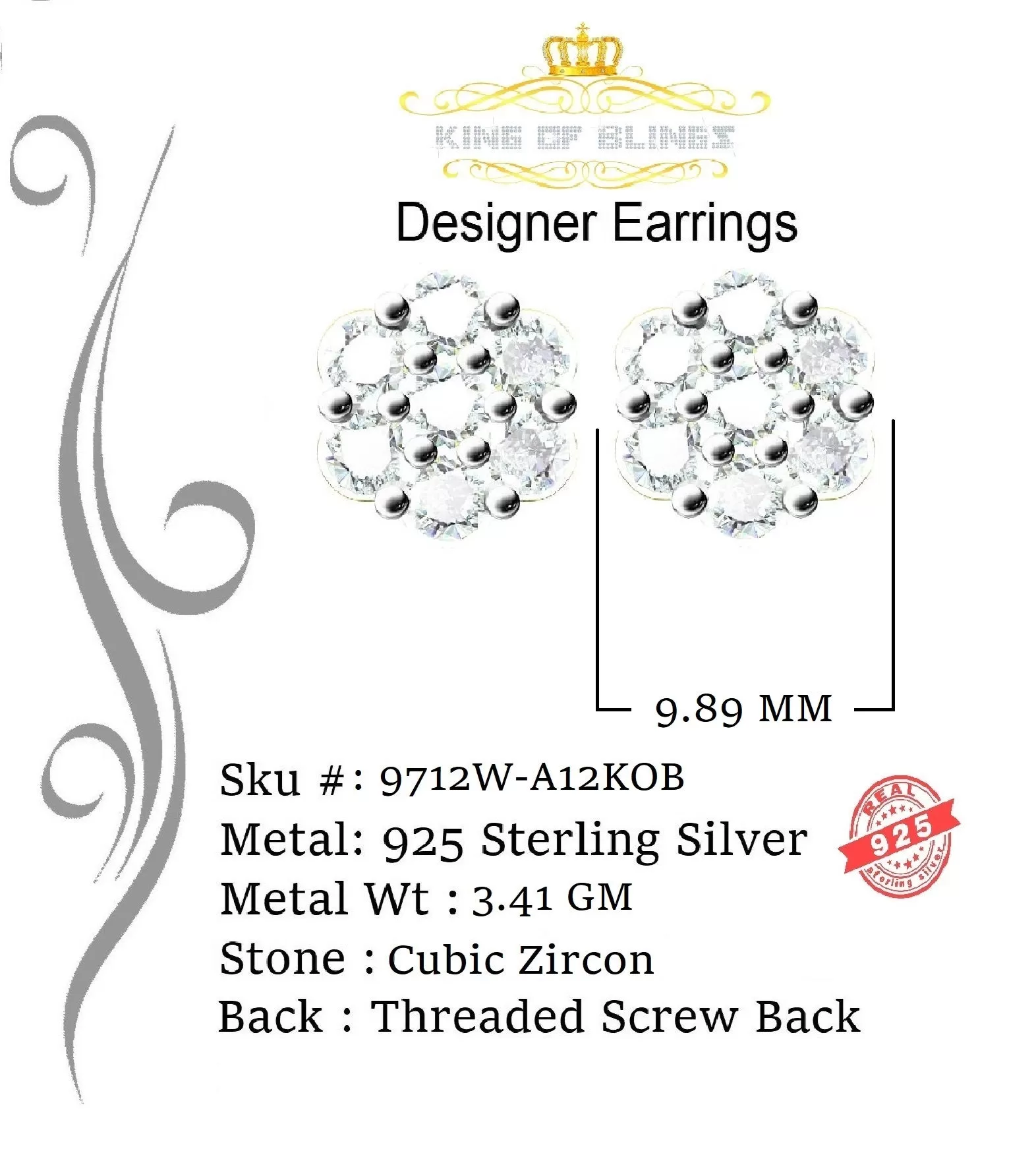 King of Blings- Cubic Zirconia 925 White 4.34ct Sterling Silver Women's Hip Hop Floral Earrings