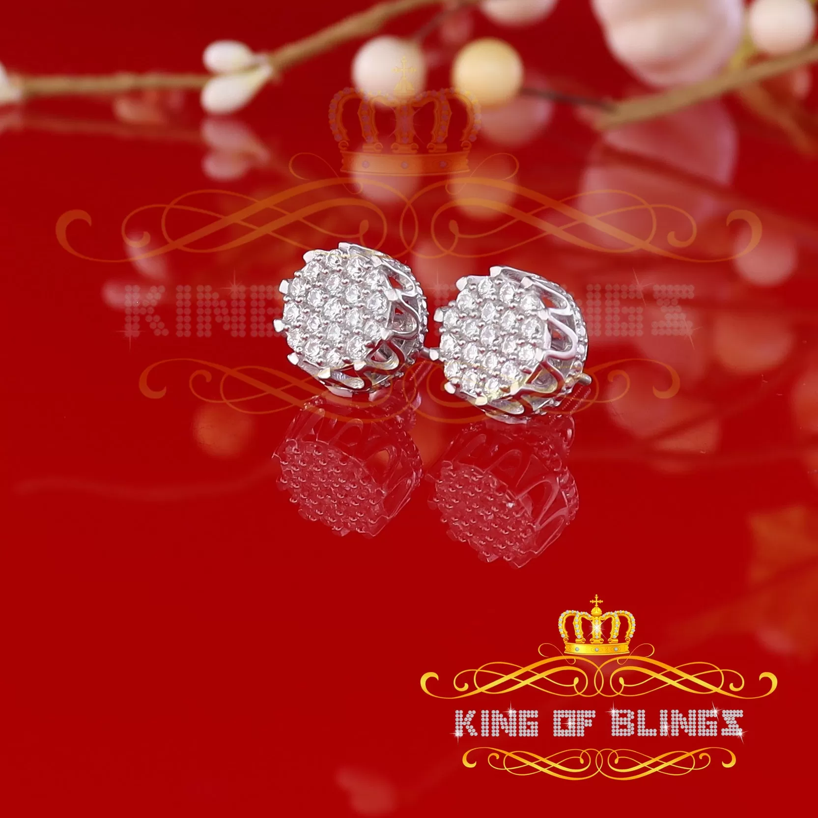 King of Blings- White 925 Sterling Silver 2.04ct Cubic Zirconia Women's & Men's Floral Earrings