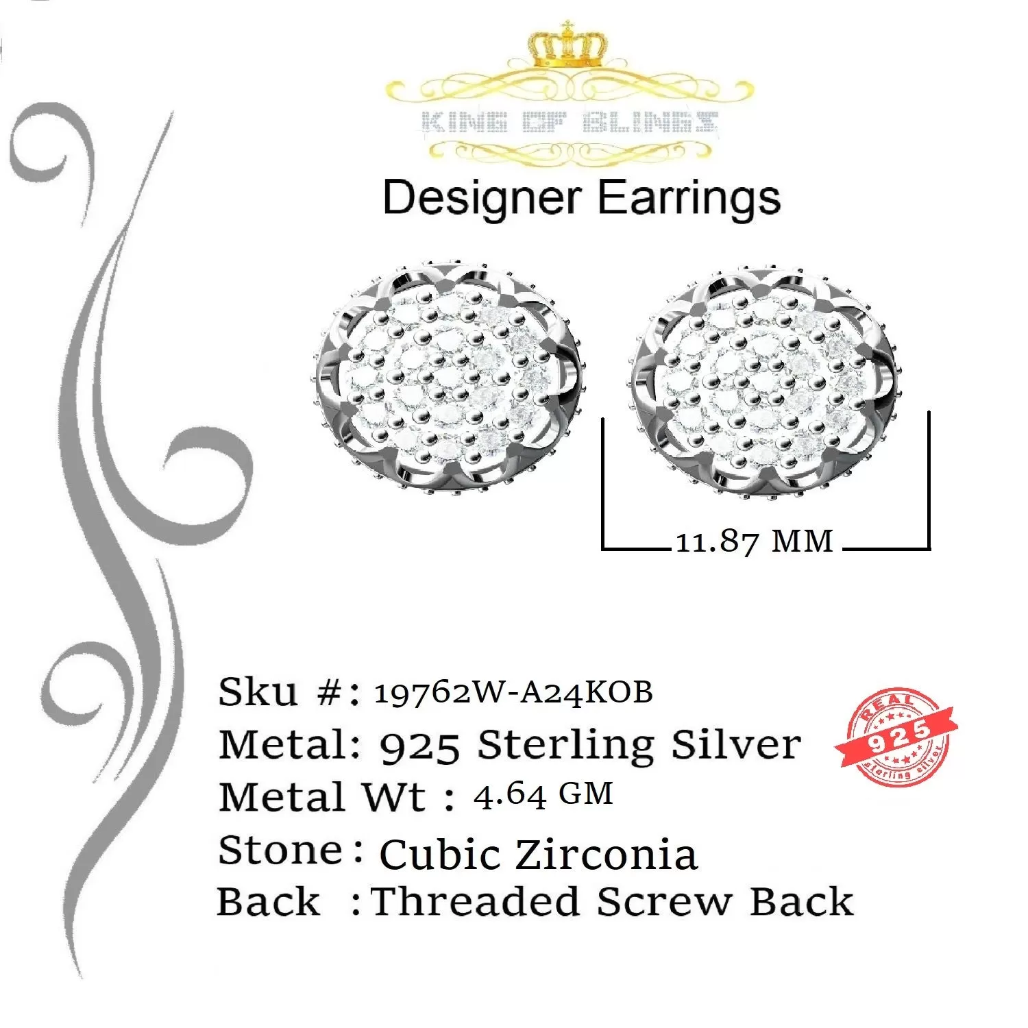 King of Blings- White 925 Sterling Silver 2.04ct Cubic Zirconia Women's & Men's Floral Earrings