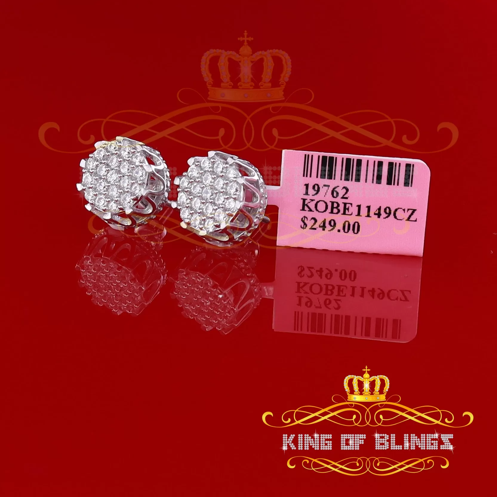 King of Blings- White 925 Sterling Silver 2.04ct Cubic Zirconia Women's & Men's Floral Earrings