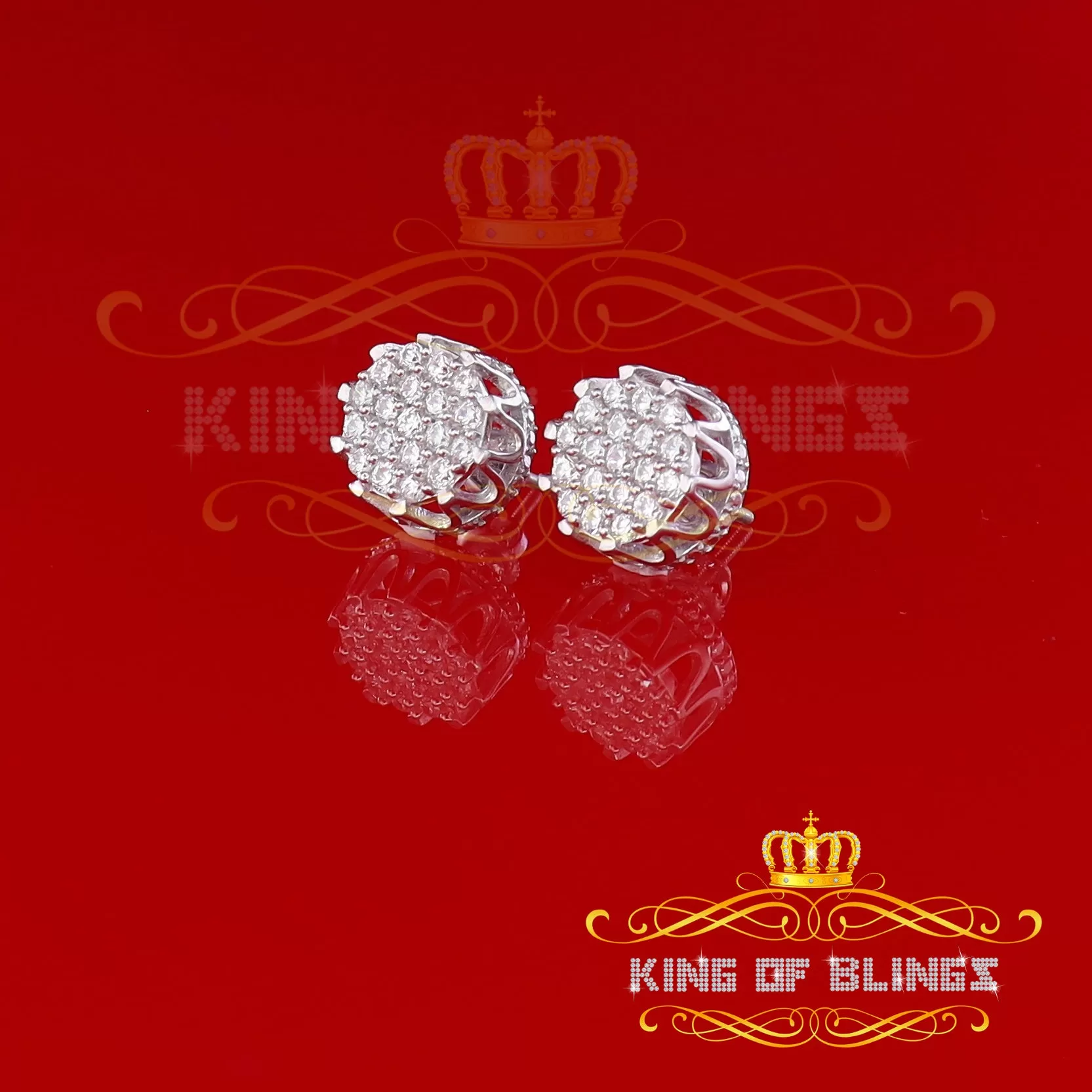 King of Blings- White 925 Sterling Silver 2.04ct Cubic Zirconia Women's & Men's Floral Earrings