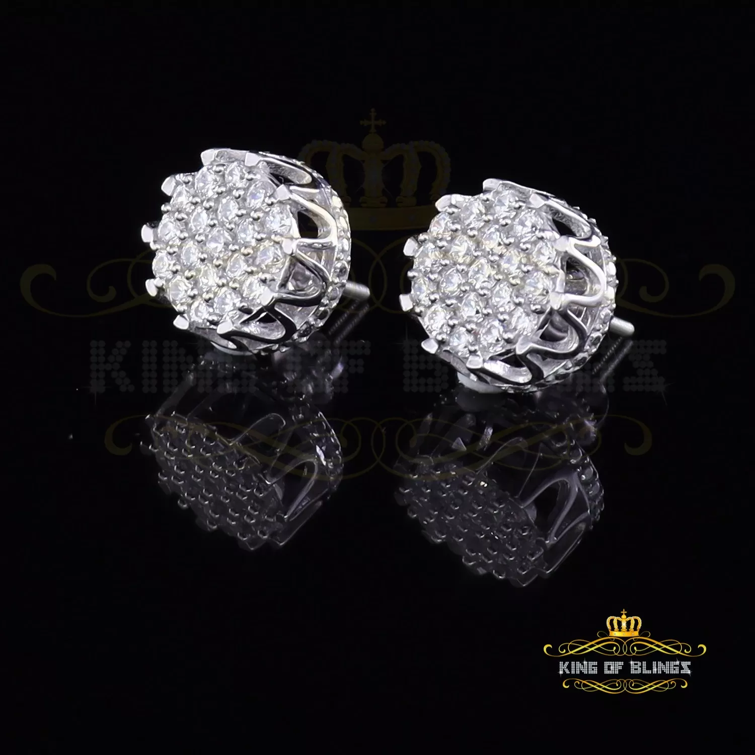 King of Blings- White 925 Sterling Silver 2.04ct Cubic Zirconia Women's & Men's Floral Earrings