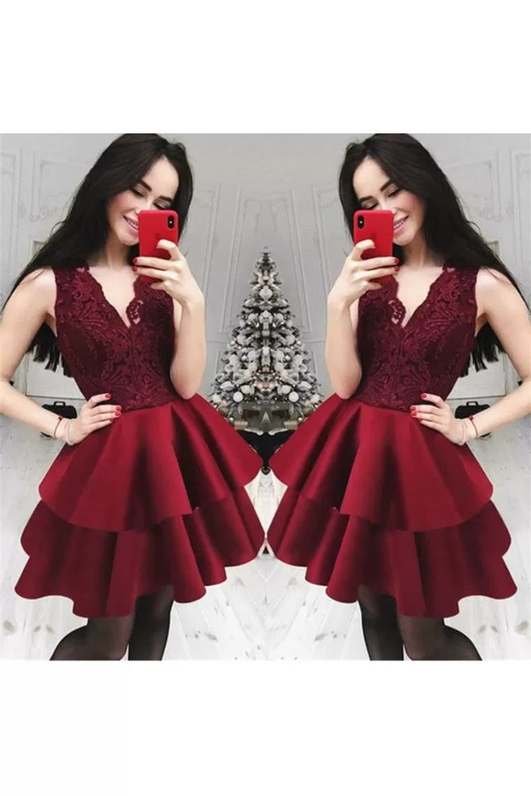 Lace&Satin Short Homecoming Dress V Neck Zipper STKP54P677Y