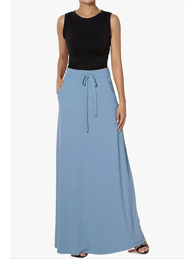 Ladies' Swing Long Skirt with Drawstring Waist and Pockets