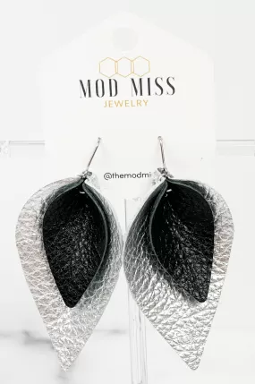 Leather Stacked Petal Earring Metallic Black on Metallic Silver