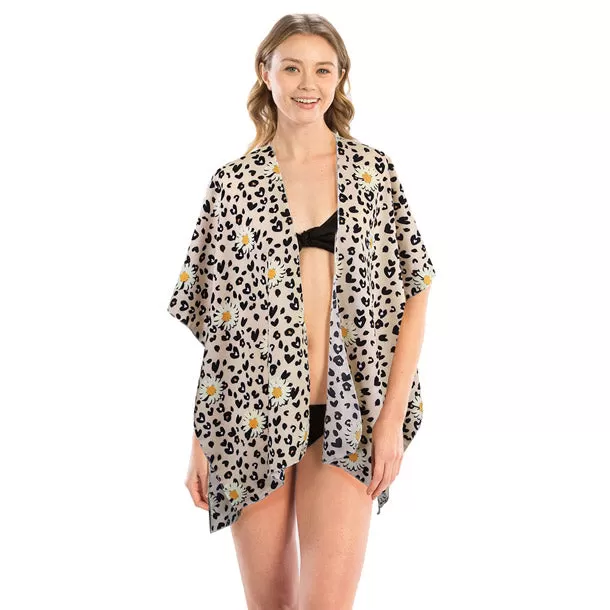 Leopard Pattern Daisy Flower Print Cover Up Kimono Poncho