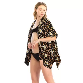 Leopard Pattern Daisy Flower Print Cover Up Kimono Poncho