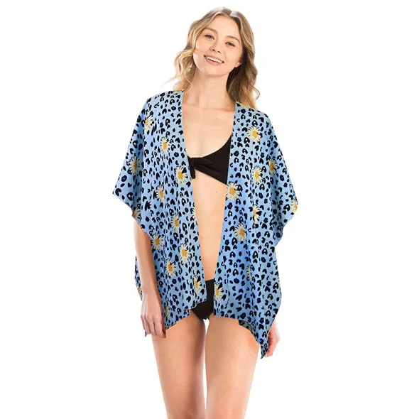 Leopard Pattern Daisy Flower Print Cover Up Kimono Poncho