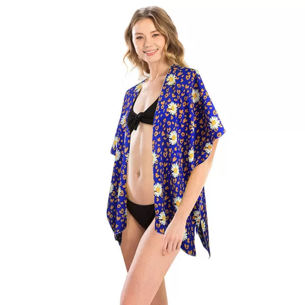 Leopard Pattern Daisy Flower Print Cover Up Kimono Poncho